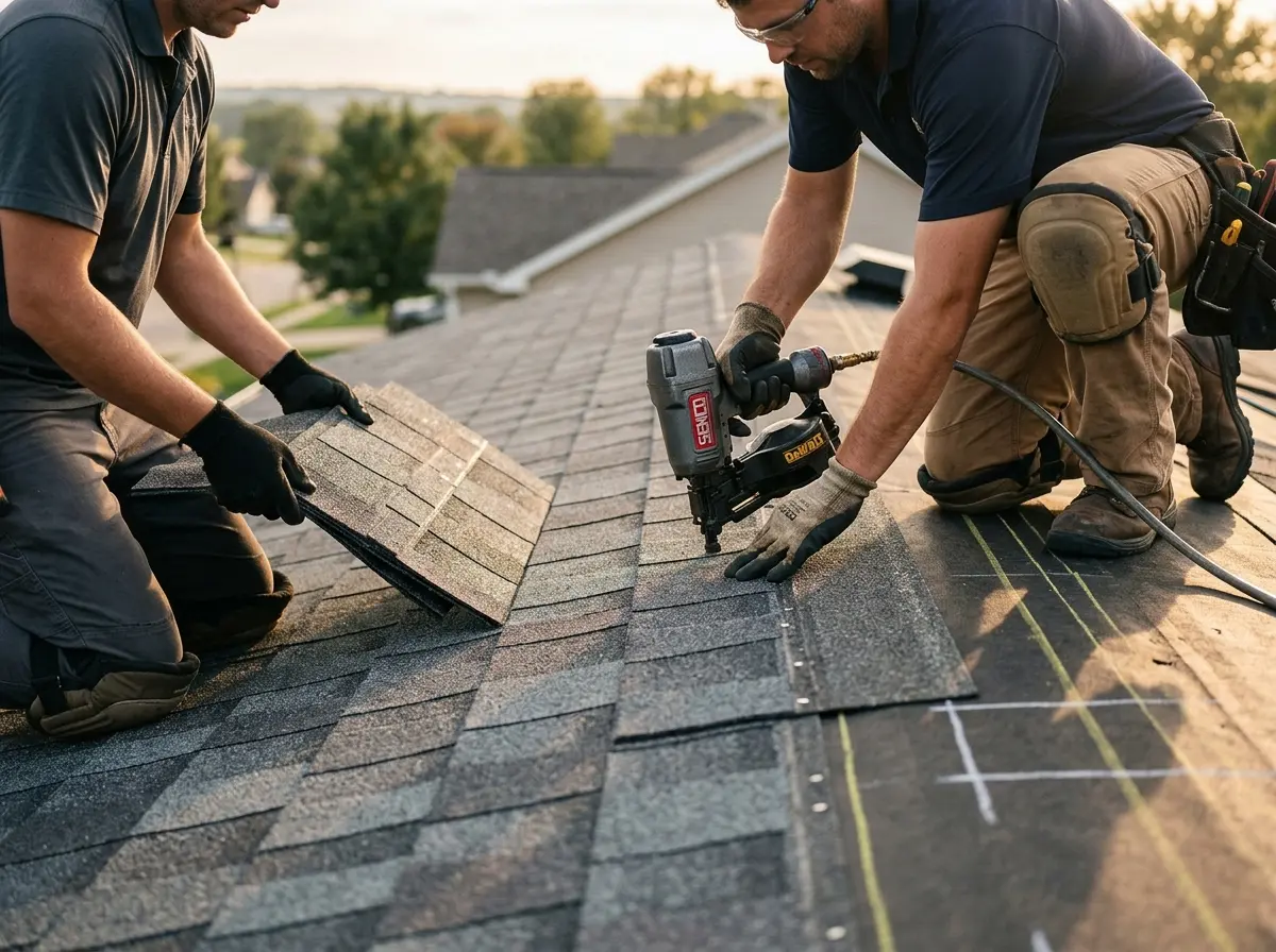 Professional roofer working on a residential roof in Danvers